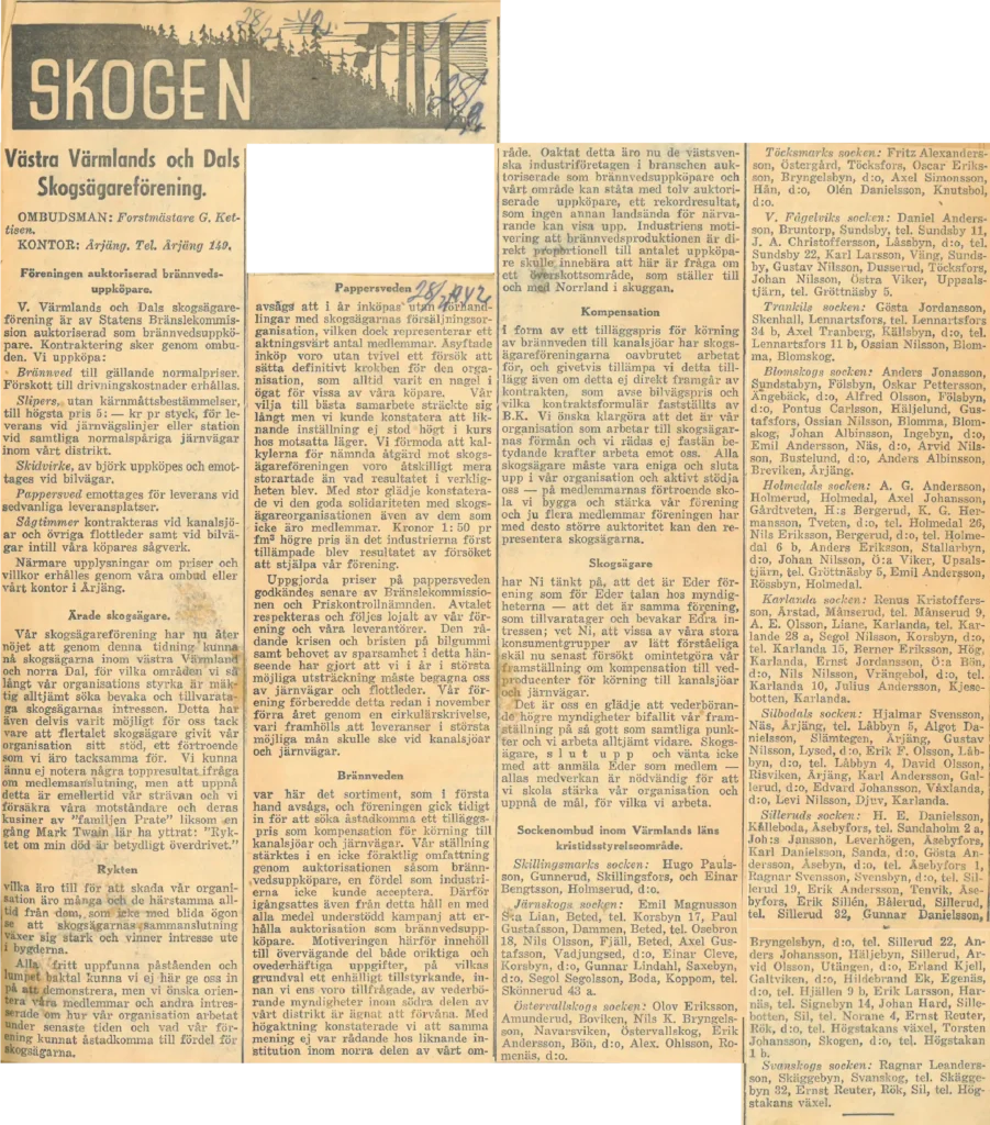 Tidningssida från Föreningsbladet Skogen 1942, om Västra Värmlands och Dals skogsägarförening.