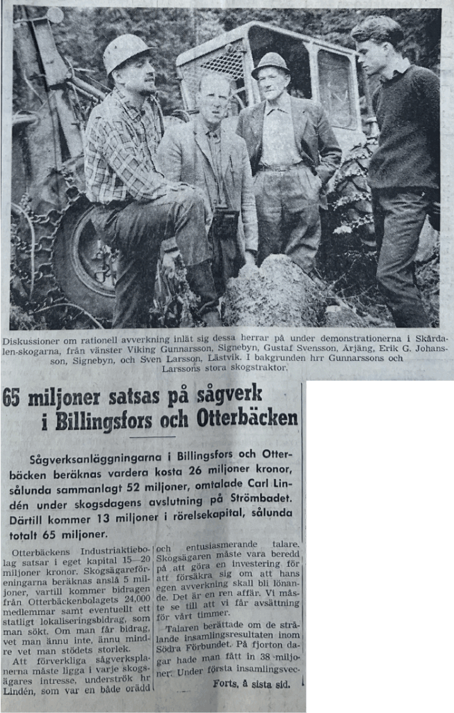 Tidningsutklipp fårn 1966 om Sågverkssatsning i Billingsfors och Otterbäcken av ett totaltvärde på 52 miljoner plus 13 miljoner rörelsekapital.